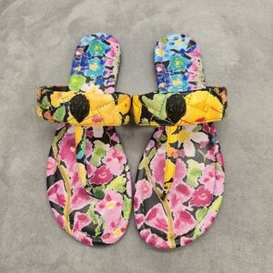Kurt Geiger Kensington Sandals 7.5 Black Pink Blue T-Bar Thong Logo New $180
